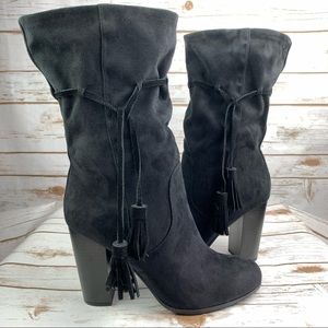 Mid rise, slouch style w/tassels, faux suede, black, stacked 4 inch heel, boots